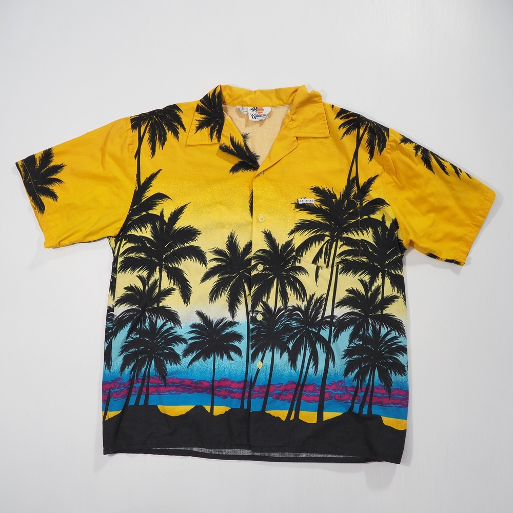 Vintage Hawaiian Camp Shirt Mens Extra Large Bahamas Windswept Palm Tree Sunset